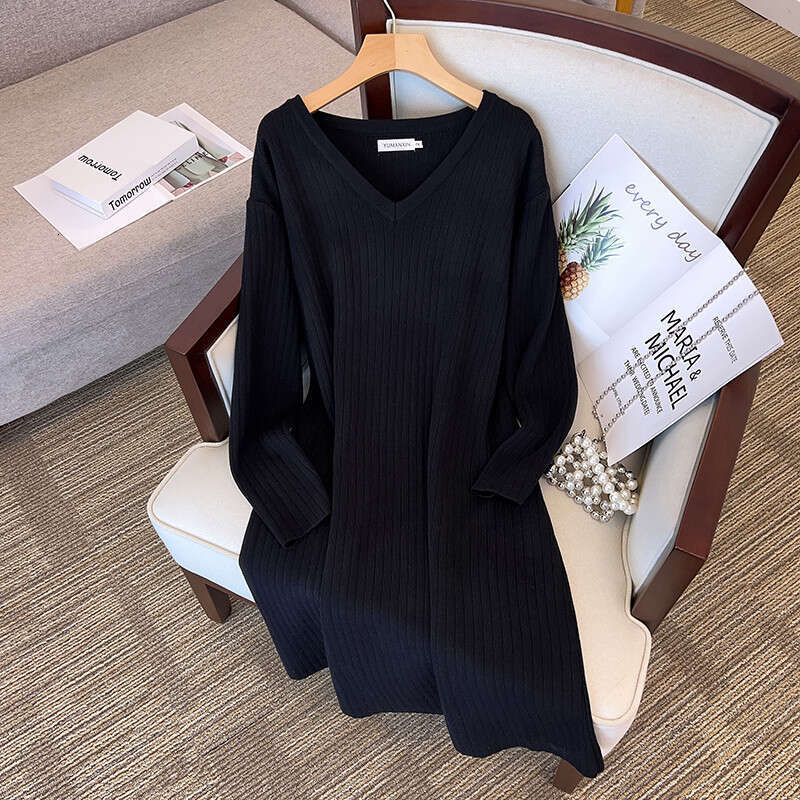 155Kg Plus Size Women's Bust 160 Spring Autumn New Loose Long V-Neck Sweater Dress Black Apricot 5Xl 6Xl 7Xl 8Xl 9Xl 10Xl
