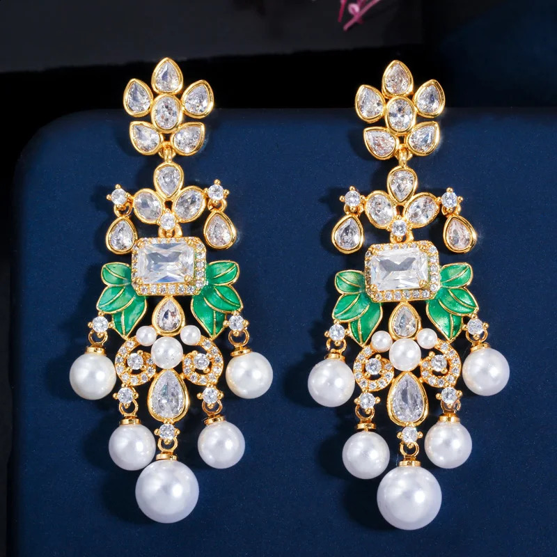 CWWZircons Flowers Cubic Zircon CZ Long Dangle Pearl Earrings for Women African Bridal Earring aretes de mujer modernos CZ656 240914