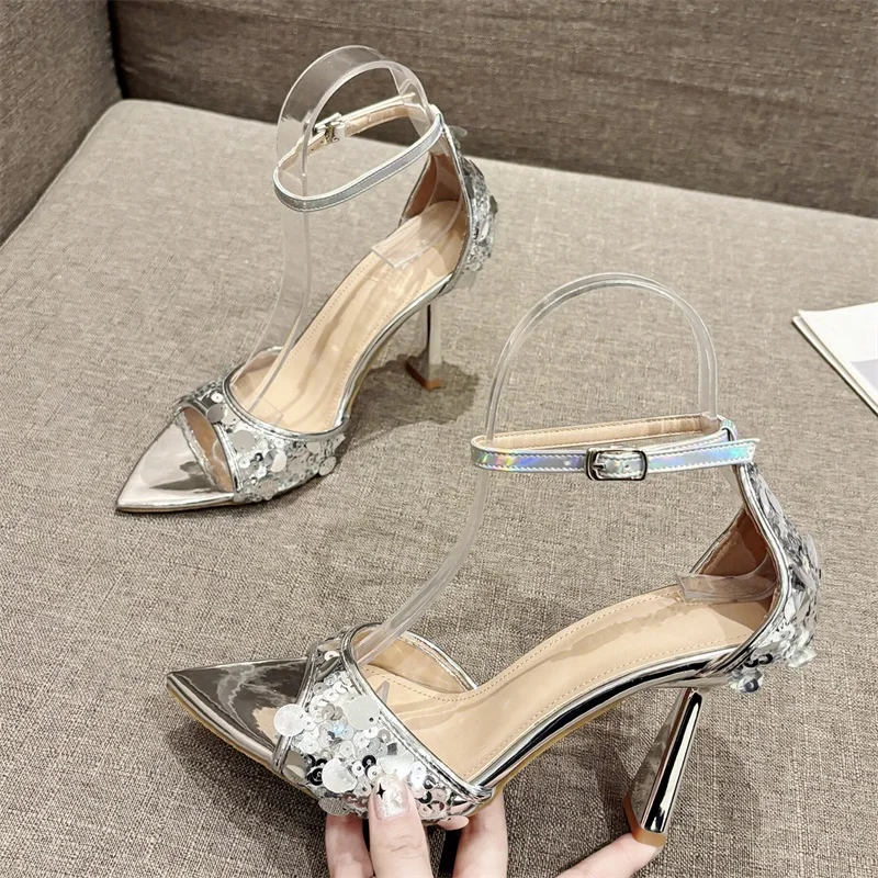 Eilyken Bg Sequin Cloth Pointed Toe Women Sandals Street Style Thin High Heels Buckle Strap Stripper Summer Shoes 45d2
