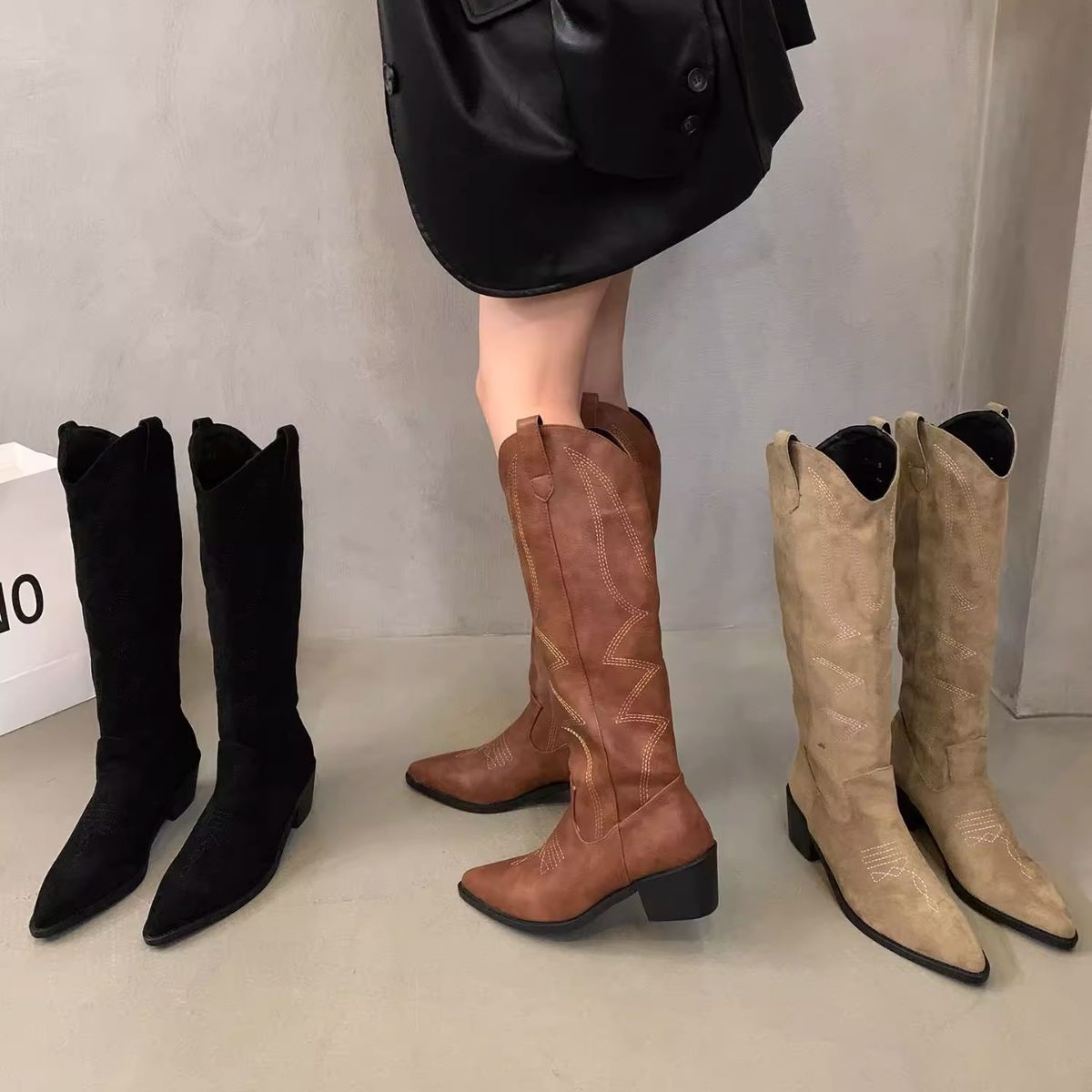 Cowgirl Woman Fashion Slip On Ladies Elegant Square Low Heel Knee High Boots Shoes Women's Winter Footwear c109