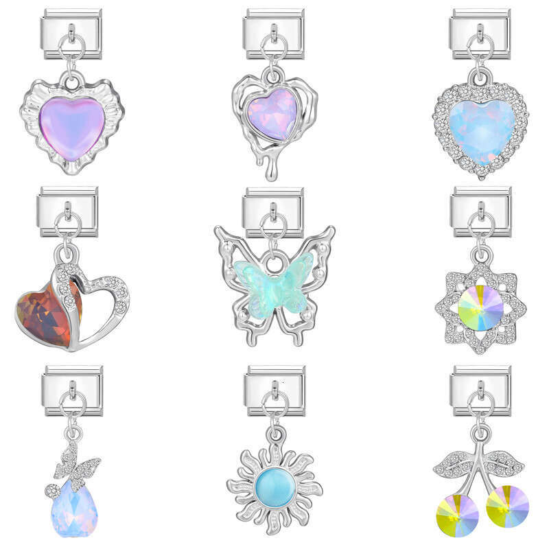 New Women's Gift Heart Butterfly Shiny CZ Pendant Italian Charms Links Bangle Beads Fit 9mm Stainless Steel Bracelet Making DIY For Women Fashion