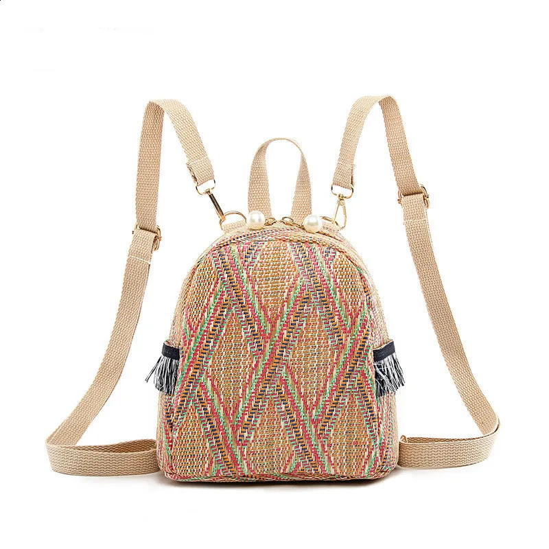 Womens Grass Backpack Geometric Tassel Travel Bag Korean Edition Student Bag Casual Zipper Soft Backpack 240912