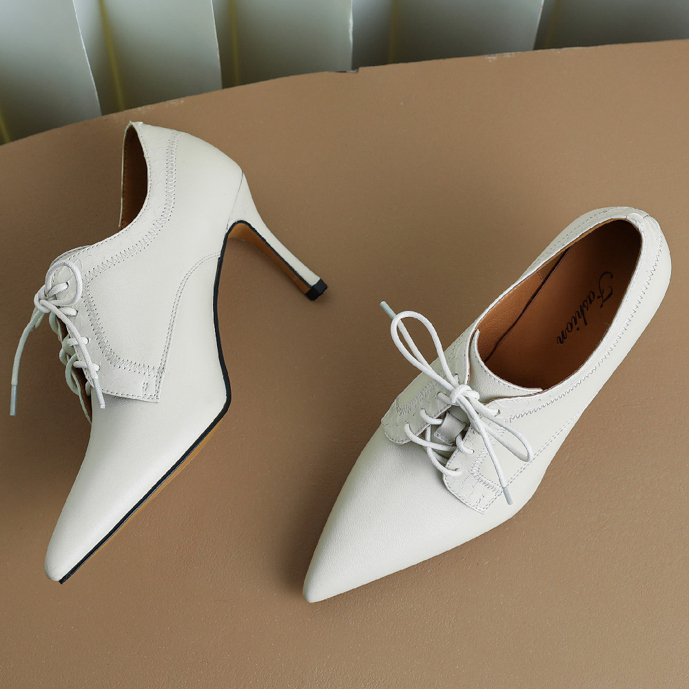 genuine Women's leather thin high heel pointed toe lace-up elegant ladies slim autumn OL style heeled dress pumps shoes ca62 ed