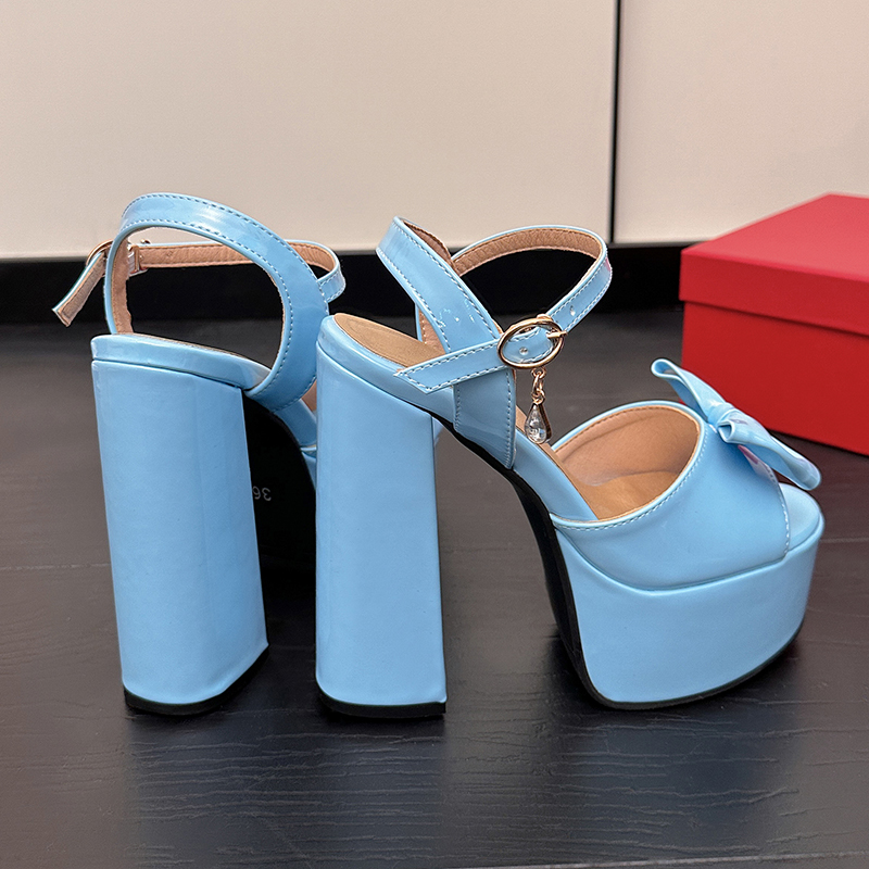 Bright Patent Leather Material, Cute Bow Tie Peep Toe Shoes Super High Thick Heels Hollowed Out Platform Sweet Women's Sandals