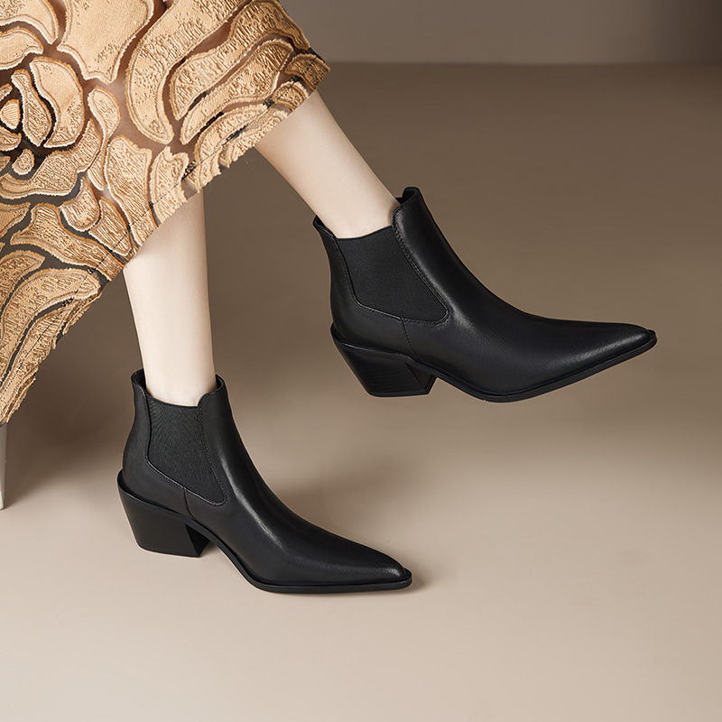 2024 Women Pointed Toe Chunky Ankle Shoes Winter Western Cowboy Sheepskin Boots Genuine Leather 6c4b