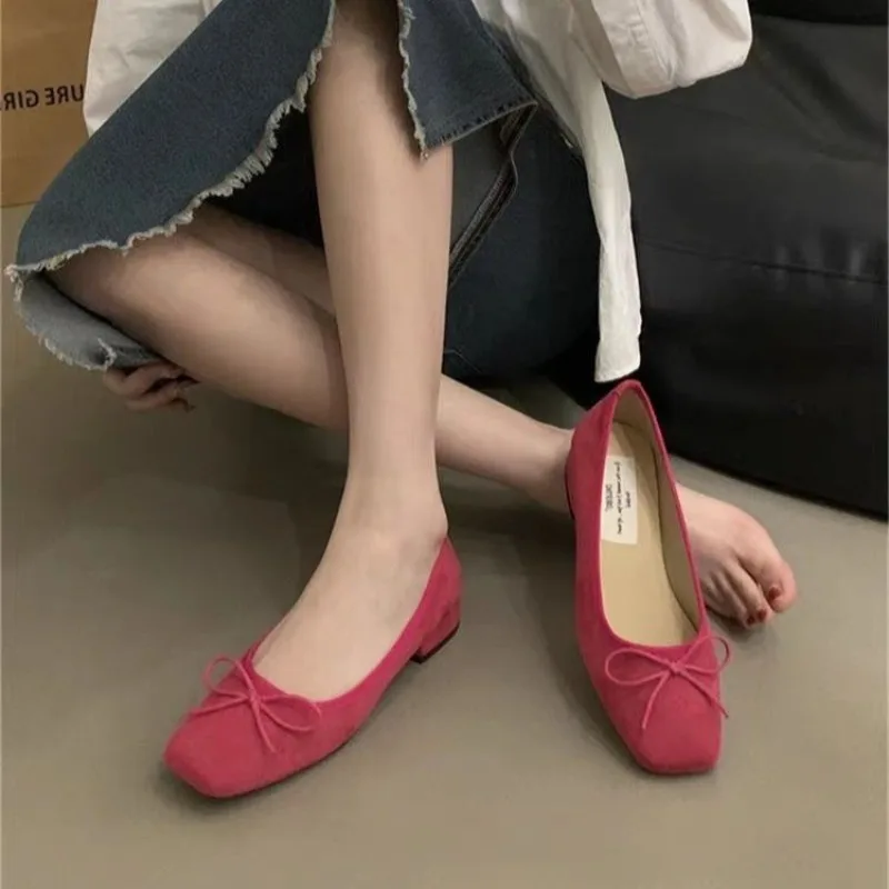 Retro Suede Woman Shoes Elegant Shallow Mouth Square Toe New Dress Slip on Laofers Chunky Low Heel Elegant Solid Moccasin Pumps