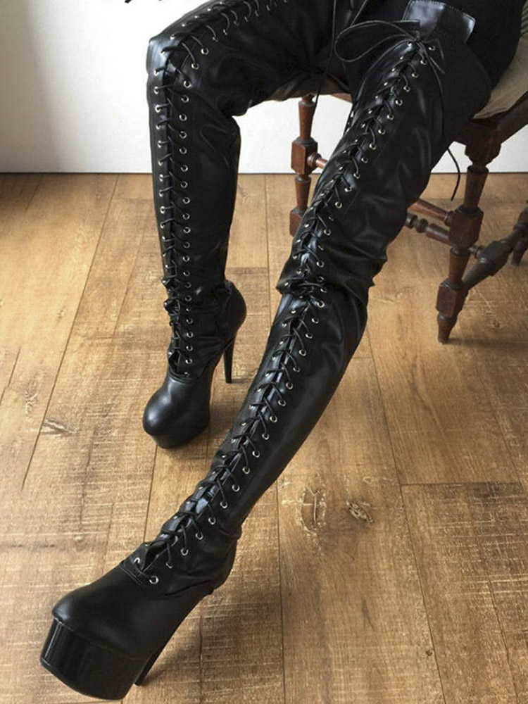 Black Lace Up shiny Over The Knee Boots Exotic Dancer 15cm Gladiator Thin Strip Heels Round Toe Nightclub Catwalk Sexy Fetish