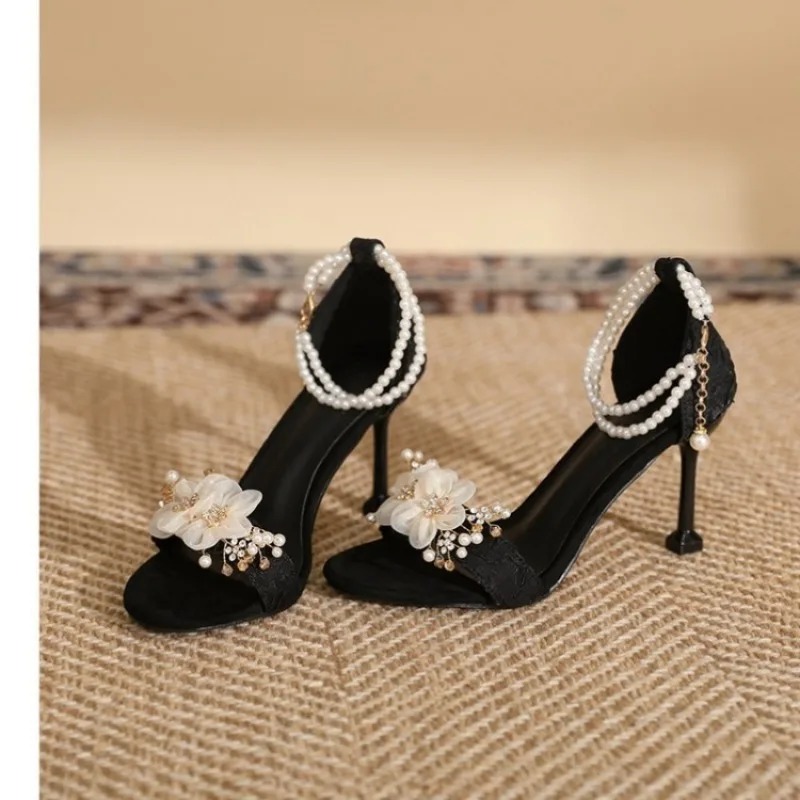 New Sweet Fairy Style String Bead Flower High-heeled Sandals Summer Elegant Banquet Wedding Brides Bridesmaids Women Shoes 31-43