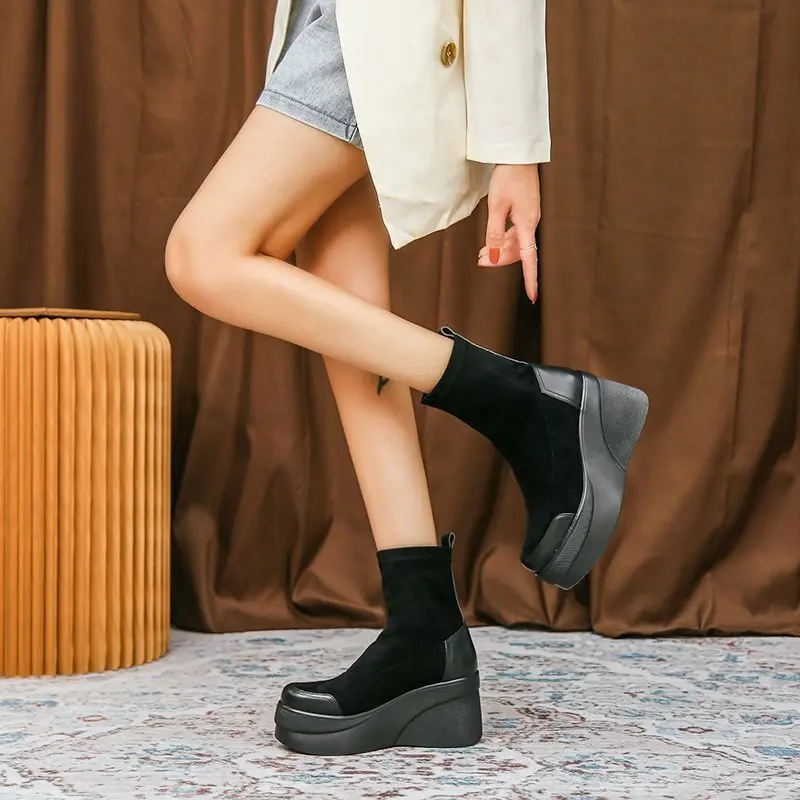 Women Shoes Autumn Woman Fashion Round Toe Ankle Boots Winter Elastic Black Comfortable Botines Botas Femme 8e08