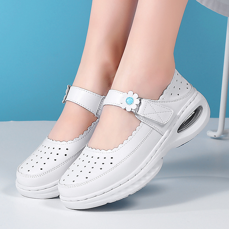 New Genuine Leather Round Toe Flat Non-slip Breathable Women's Flats Air Cushion Nurse Shoes White Wedges Hospital Work Shoes