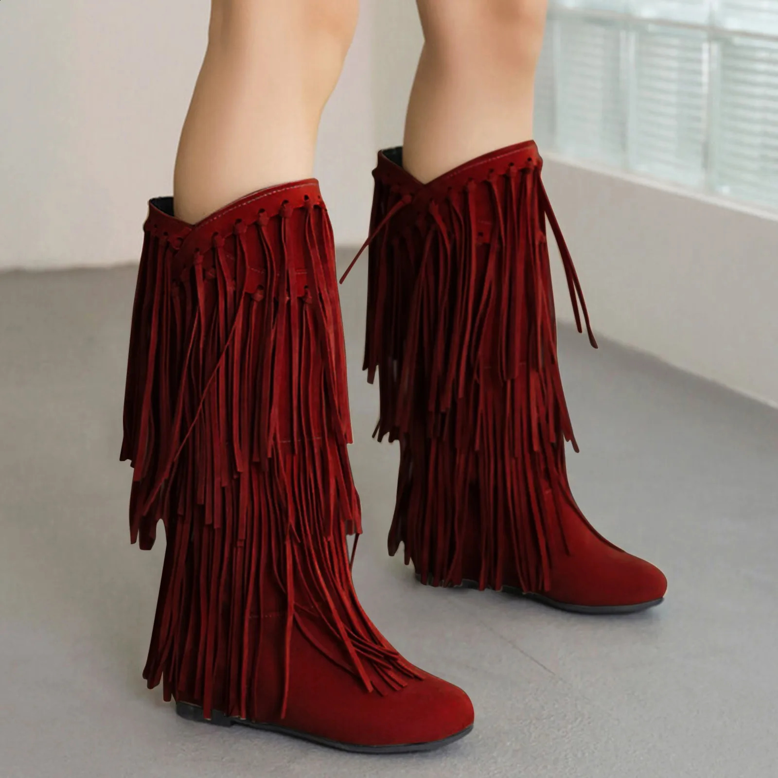 Womens Fringe Winter Western Round Toe Flats Suede Solid Cool Internal Elevation Boots Dr Daily Shoes 240911