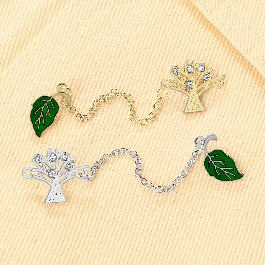 New Arrival Green Leaf Crystal Tree Long Chain Brooch Set Women Men Coat Lapel Pin Badges Jewelry Gift for FriendX240914
