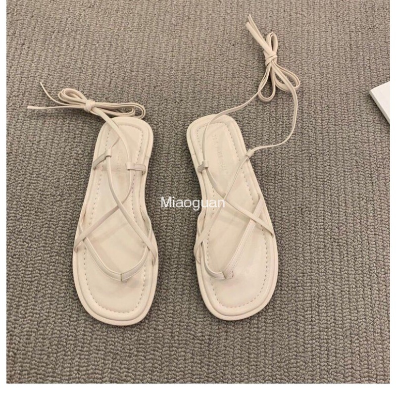 Korean Version 2024 New Summer Flat Lace-up Sandals Women's Shoes French Retro Lace-up Roman Shoes Sandal Round Head Non-slip PU