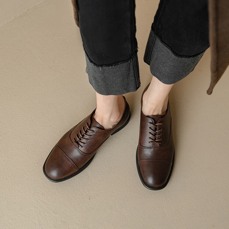 Spring 2023 PumpS Genuine Leather Round Toe Square for Casual Lace-up Low Heel Women Oxford Shoes 810f Oxd