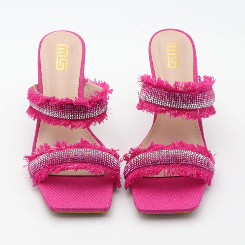 Denim Sandals Woman Square Headed High Heels Female Open-toe Blue Mule Sandals Rhinestone Glitter Summer Brand Slippers Women