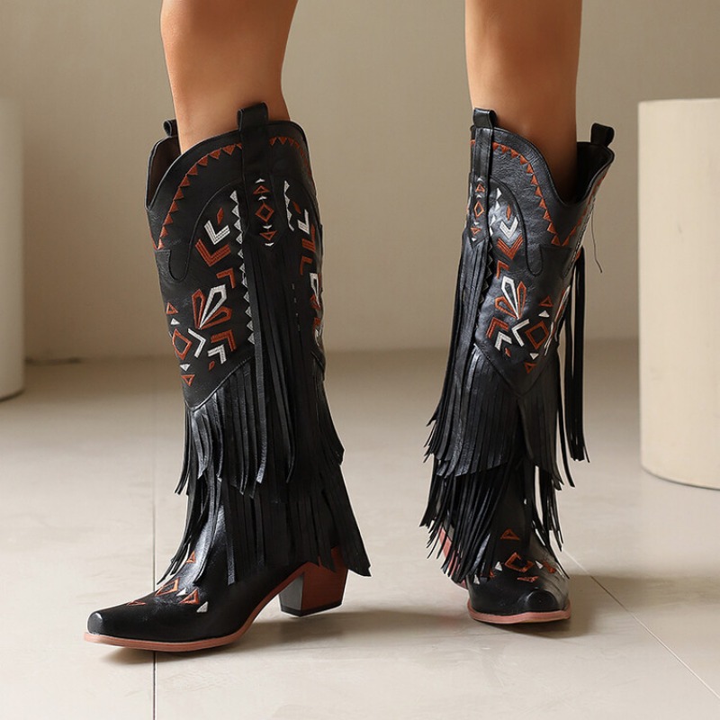 2024 Women Vintage Tassel Embroidered Western Cowboy Autumn Winter New Fashion Thick Heel Mid Length Long Boots 34-48