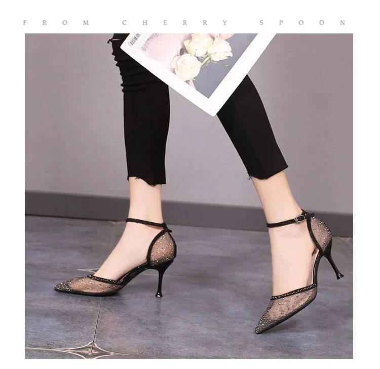 Sexy Black Mesh High Heels Shoes Women Summer 2024 Pointed Toe Crystal Pumps Shiny Ankle Strap Party