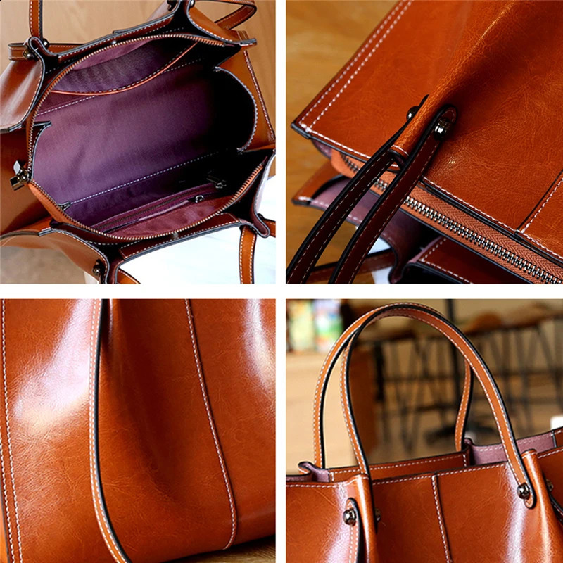 Hifashion vintage leather tote bag suitable for female trend s shoppers shoulder bags and working womens handbags 240910 9eff 4