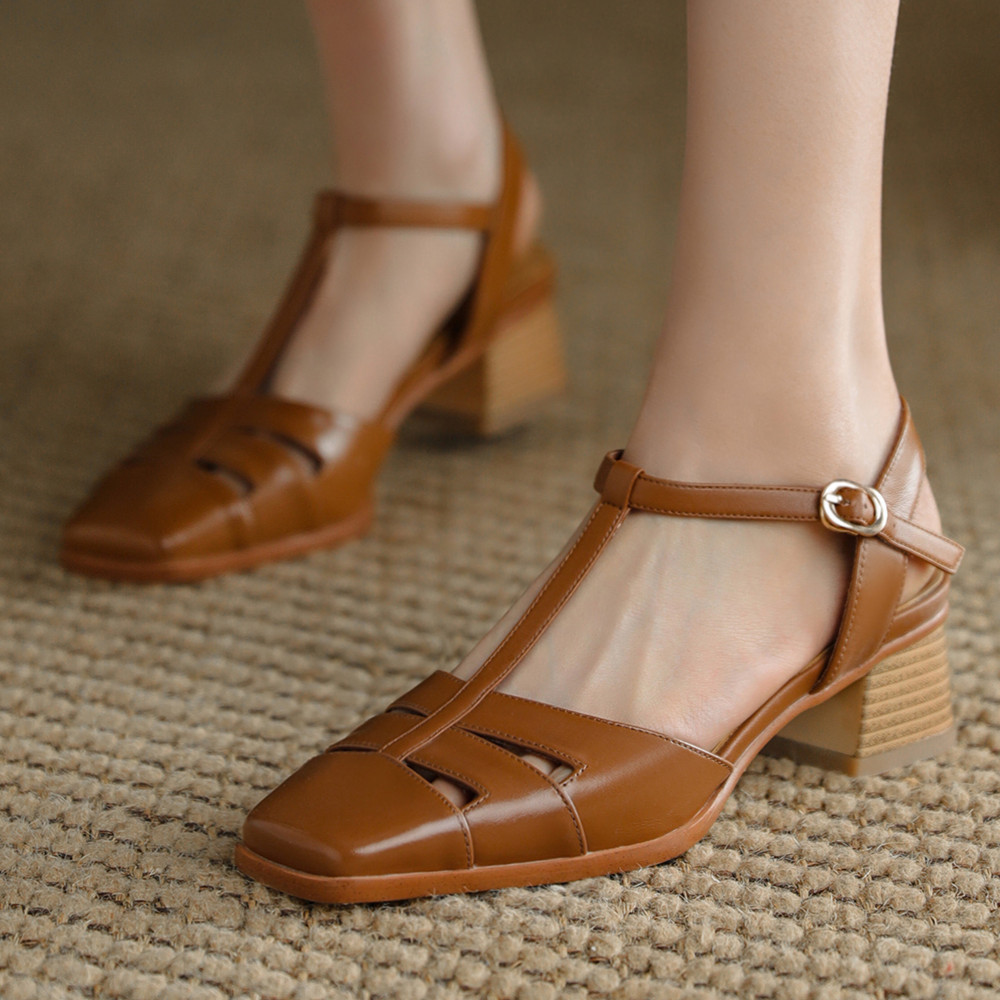 cow Women's leather 5cm thick med heel New sqaure toe t-strap sandals hollow-out breathable summer pumps high heeled shoes for women 3a40 ed