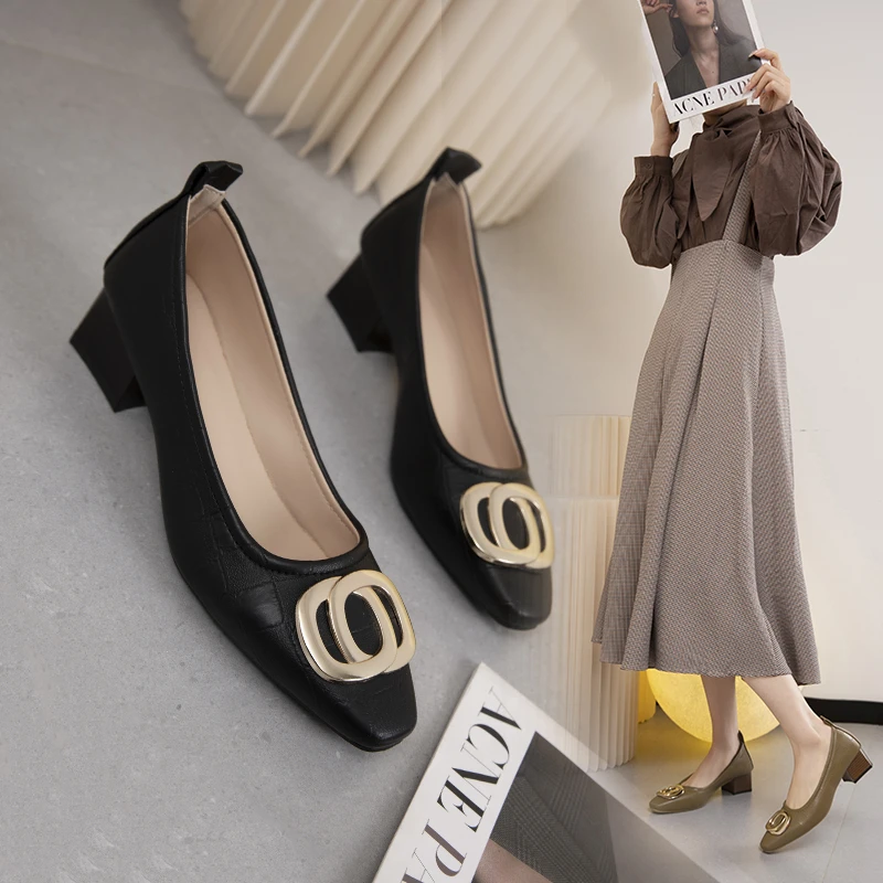 2024 Woman Elegant Square Toe Beige Heel Female Metal Accessories Comfortable Cute Shoes 0a92