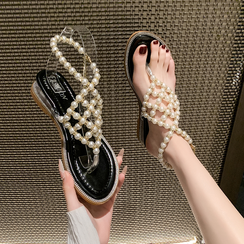 Pearl Sandals Women Europe and The United States New Summer Women's Shoes Students Flat Toe Sexy Line with Roman Shoes Women