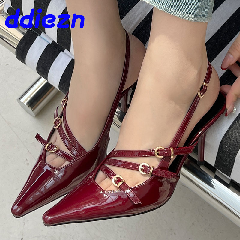 2025 new Size Big Wine Red Women Heeled Female Footwear Sgbac Fashion Buckle Ladies Thin Heels Sandals Pumps Shoes 2d6e