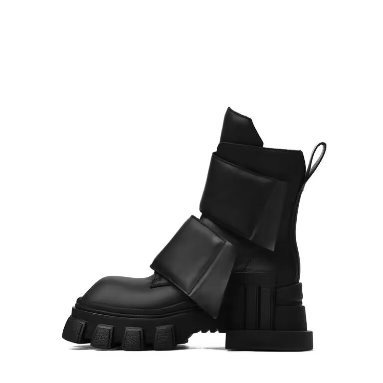 Women Motorcycle NEW Chunky Platform Square head Mid-Calf Lace Up Bandage Winter Casual Black Ankle Boots 7bae