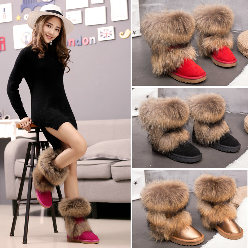 Natural Fox Fur Snow Boots Genuine Cow Suede Leather Boots Shoes Mid-calf Knee Boots Raccoon Fur Warm Female Flat Boots