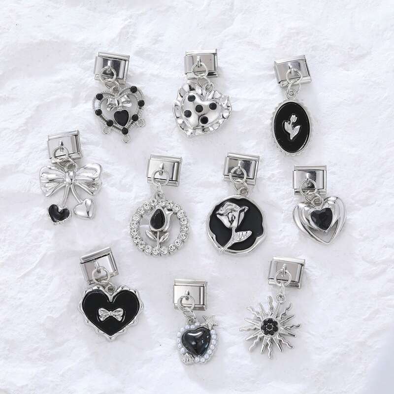 New Women's Gift black flower heart bow Pendant Italian Charms Links Bangle Beads Fit 9mm Stainless Steel Bracelet Making DIY For Women Fashion J