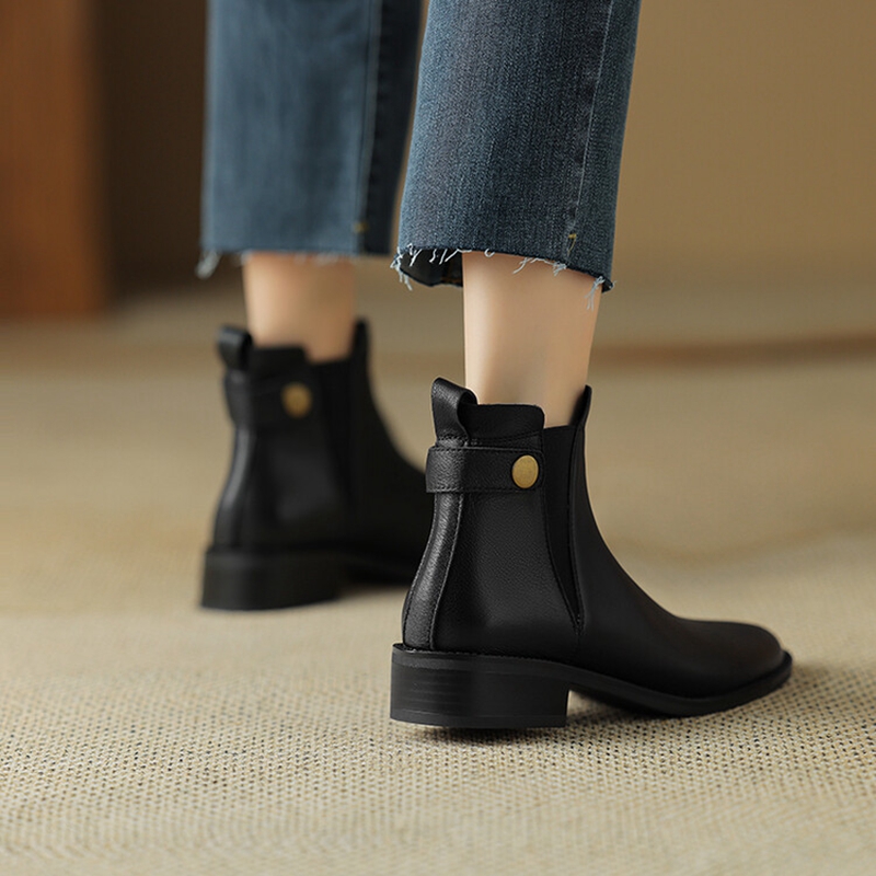 Autumn NEW Round Toe Low Heel Genuine Leather for Retro Black Ankle Boots Winter Women Shoes 804f