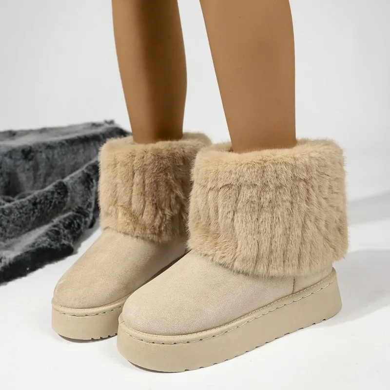 Shoes for Winter Slip on Women's Black Round Toe Solid ck Plush Warm Mid Heel Water Proof Casual Snow Boots Women a145