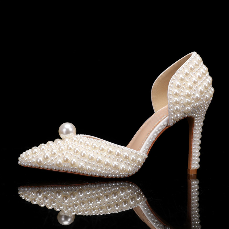 New All Pearl Shallow Mouth Summer Sandals Pointed Flat Bottomed/high Heeled Bride's Wedding Pearl Women Shoes Size 35-43