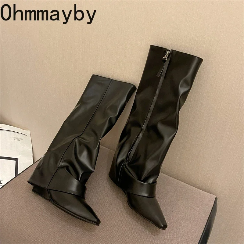Designer Women Trouser Legs High Boots Fashion Side Zippers Long Boots Thick High Heels Autumn Winter Ladies Shoes