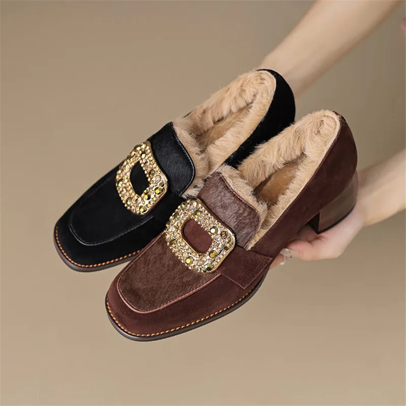 New Winter Sheep Suede Loafers Round Toe Women Pumps Shoes for Women Concise Ladies Shoes Chunky Heels Zaptos Mujer High Heels