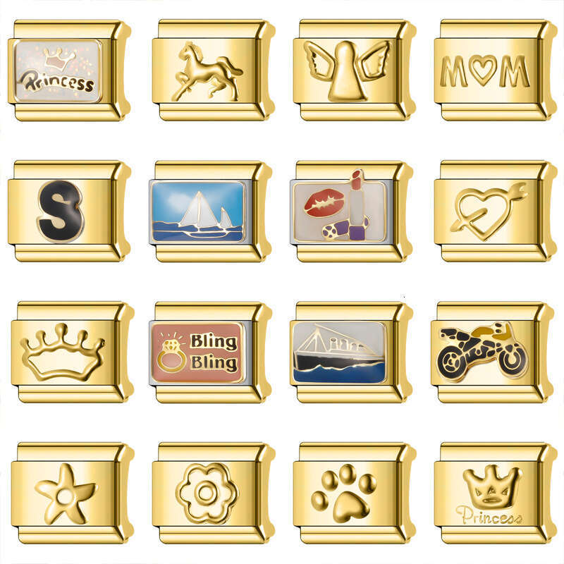 New Women's Gift Shine gold crown Bead Italian Charms Links Bangle Beads Fit 9mm Stainless Steel Bracelet Making DIY For Women Fashion Jewelry