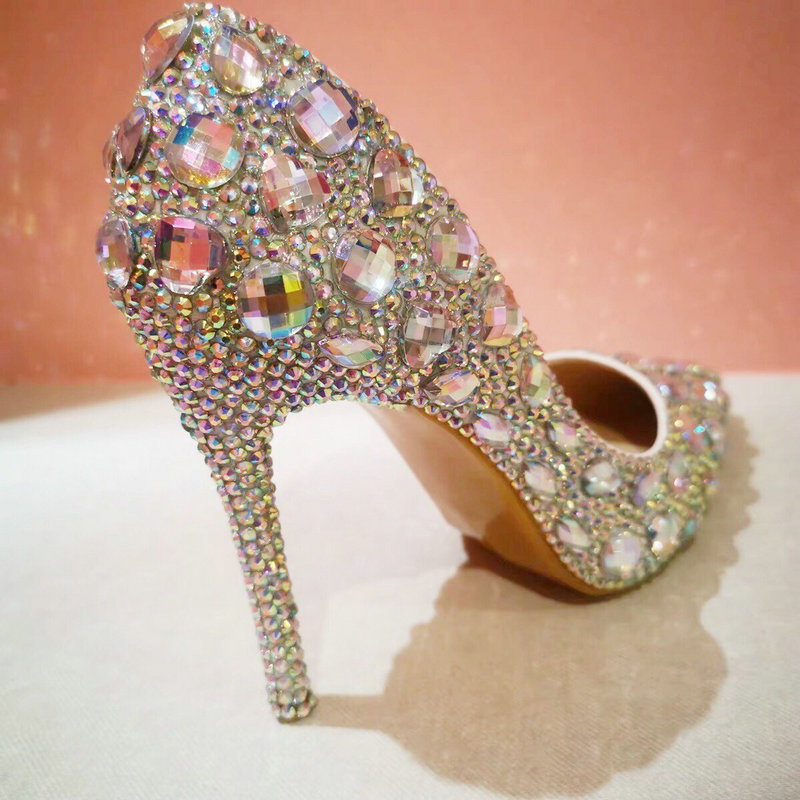 White Diamond women wedding shoes Bride High Heels Shoes Ladies Super Party Dress Shoes Woman Pointed Toe