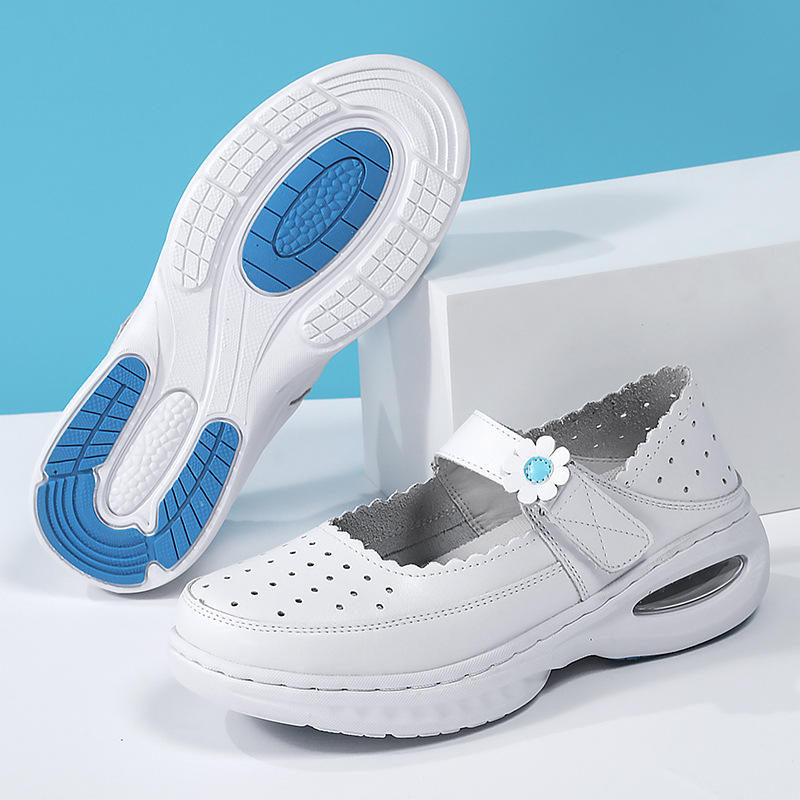New Genuine Leather Round Toe Flat Non-slip Breathable Women's Flats Air Cushion Nurse Shoes White Wedges Hospital Work Shoes