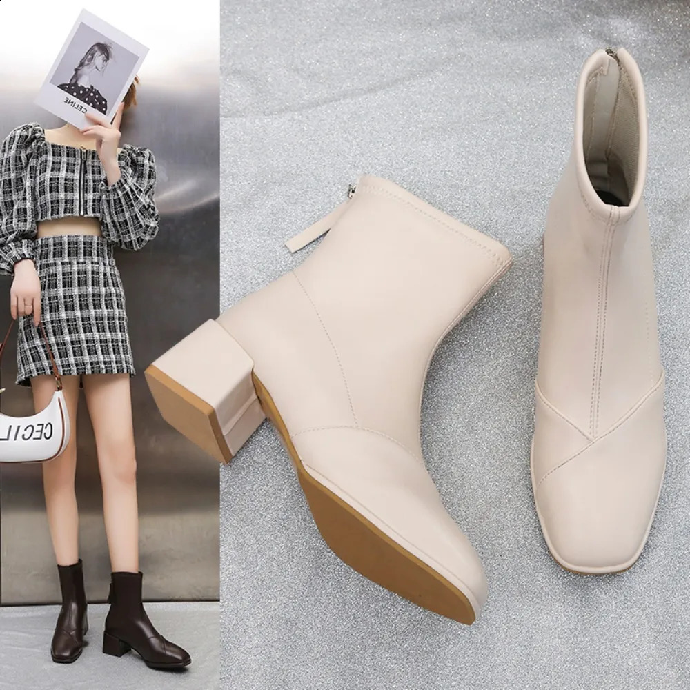 Thick Heel Boots High Short Women Fall Korean Version All-match Square Toe Winter Fashion Short Boots 240904