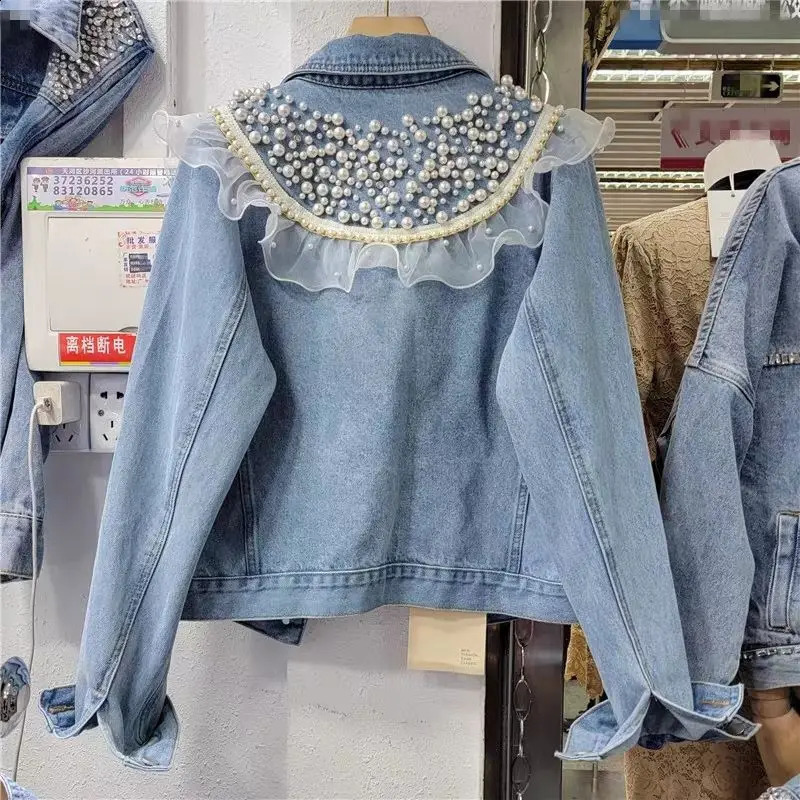 Korean style heavy industrial pearl lace denim jacket top loose long sleeved short sleeved jeans jacket womens spring clothing 240906