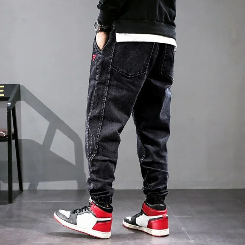 Elastic Cropped Mens Jeans Stretch Man Cowboy Pants Trousers Black Oversize Korean Style Regular Fit est Casual Long 240912