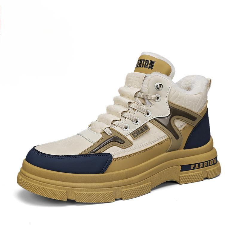 Mid top leather with plush Martin boots for outerwear, warm snow boots, British style men's thick soled cotton shoes