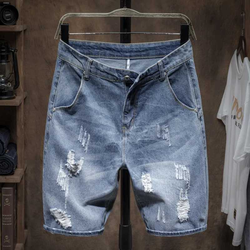Summer Mens Grey Perforated Denim Shorts Korean Fashion Slim Elastic Five-piece Jeans Shorts Male Brand Pants 11stylesX240914