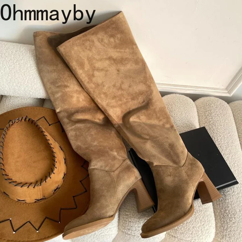 On Slip Women Western Knee High Boots Fashion Pleated Sewing Pumps Autumn Winter Thick Heel Ladies Modern Long Booties d7fc