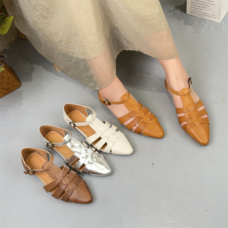 Koznoy 1.5cm Weave Genuine Leather Moccasins Women Soft Soled Rubber Flats Sandals Point Toe Buckle Leisure Shallow Summer Shoes
