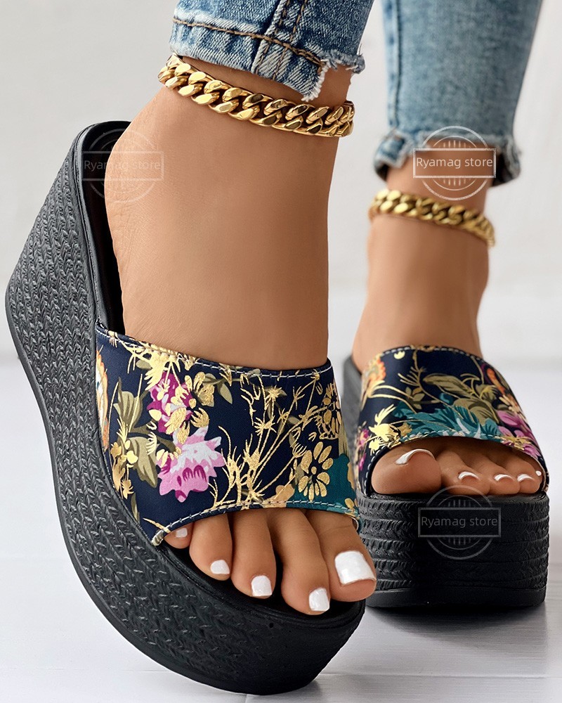 Sandals for Women Floral Print Peep Toe Platform Wedge Sandals Slip on Cool Slippers Soft Soled Non Slip Flat Beach Dark Heeled