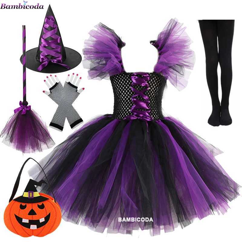 Costume Witch Costume Girl Halloween Tutu Knee Dress Hat Broom Pantyhose Childrens Carnival Role Playing Party Costume Childrens Costume W240914