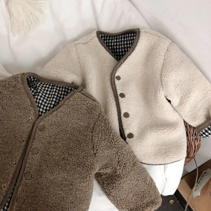 Children Winter Double Sided Wear Jacket Coats Korean Baby Boys Girls Lambswool Plaid Single Breasted Warm Outerwear 240906