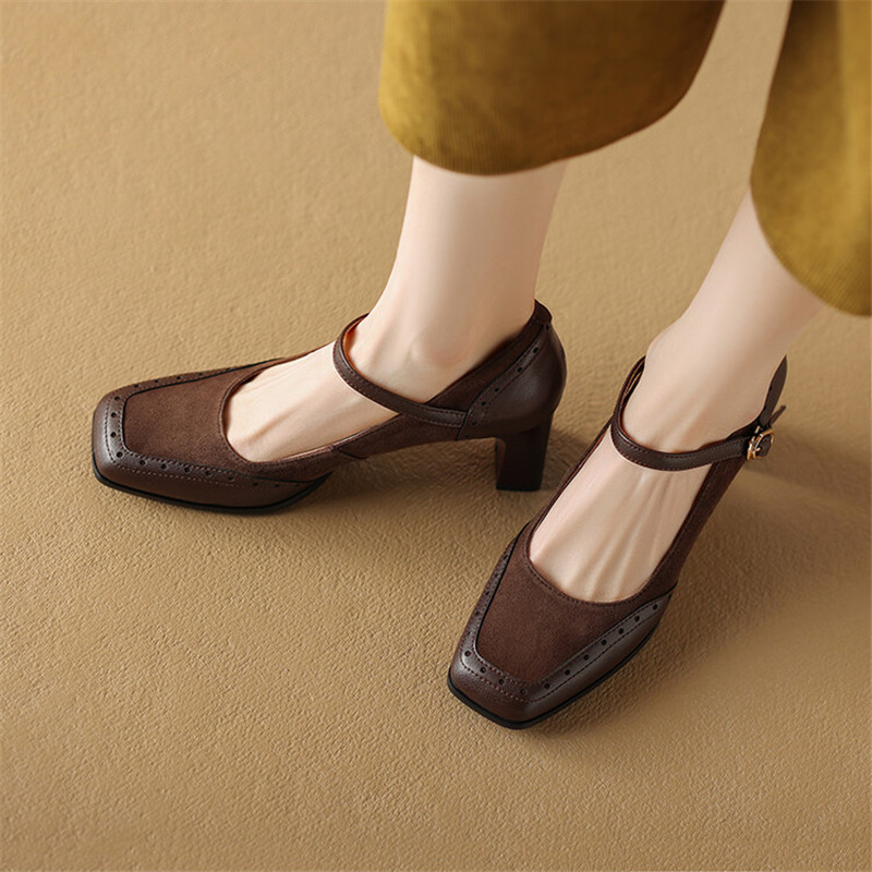 2025 new Spring New Sheep Suede Square Toe Pumps Fashion Brogue Designs Mary Jane Shoes for Women Chunky High Heels bba6