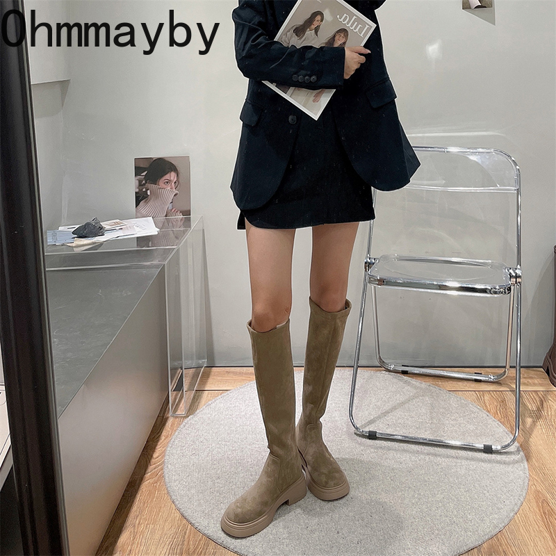 Warm Winter Cotton Women Stretch Knee-High Boots Fashion Slip On Vintage Square Heels Ladies Concise Long Botas De Mujer 3a4d