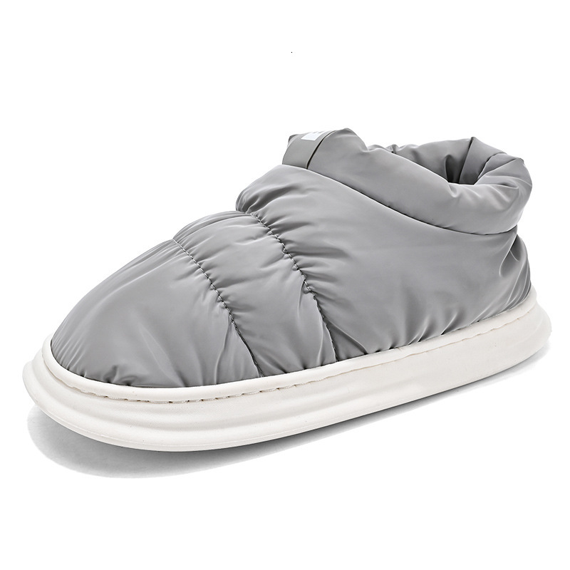 Mid top down cloth covered couples in winter, with plush candy colored cotton shoes for outer wear, warm and casual snow boots